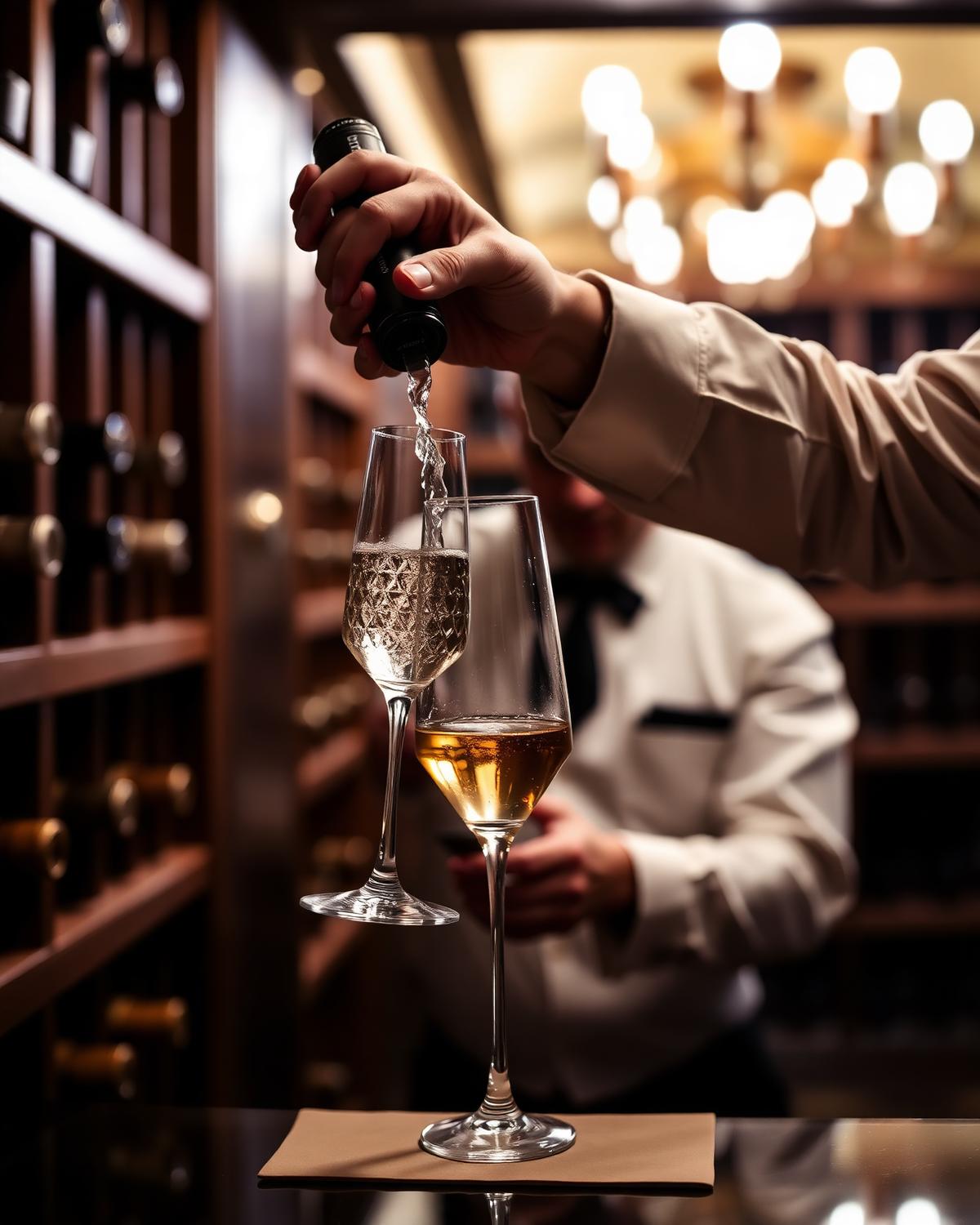 Champagne poured into a crystal glass in a candlelit cellar
